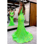 Vestido de fiesta de sirena con apliques de lentejuelas y escote en V sexy 
