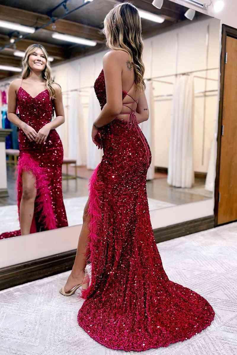 Ballkleid Meerjungfrau V-Ausschnitt Pailletten Lang mit Schlitz
