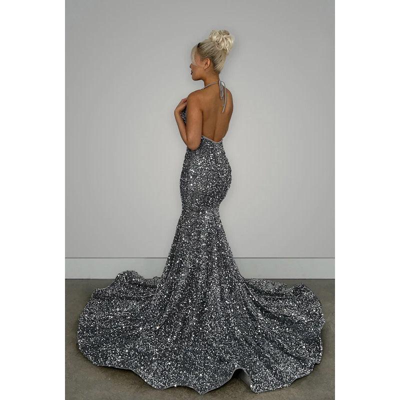 V-Neck Halter Backless Sequins Mermaid Long Prom Evening Dress With Sweep Train