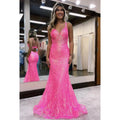 Vestido de fiesta de noche con lentejuelas, escote en V y tirantes adornados, corte trompeta/sirena