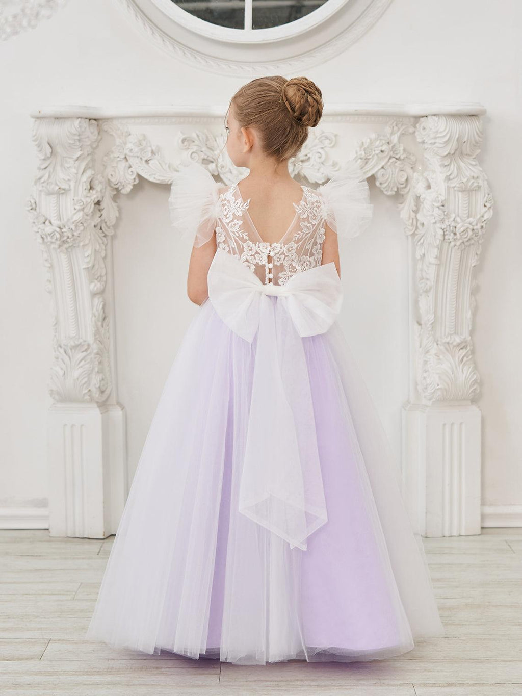 Vestido de niña de las flores con cola larga y tul con encaje desmontable 