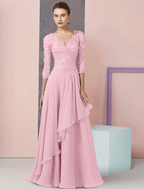 Zweiteiliges A-Linien-Kleid für die Mutter der Braut, formelle Hochzeitsgastparty, eleganter V-Ausschnitt, bodenlanges Chiffon-Spitzen-Wickelkleid mit halben Ärmeln, inklusive Perlen-Pailletten-Applikationen