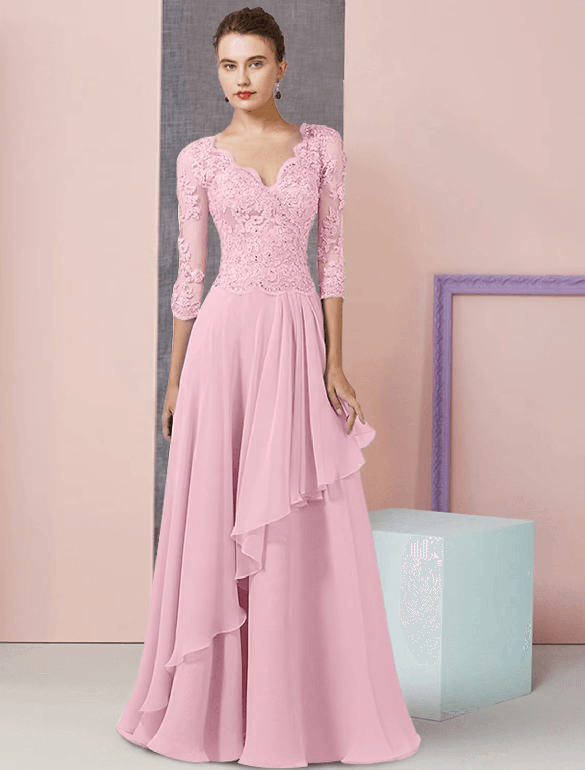 Zweiteiliges A-Linien-Kleid für die Mutter der Braut, formelle Hochzeitsgastparty, eleganter V-Ausschnitt, bodenlanges Chiffon-Spitzen-Wickelkleid mit halben Ärmeln, inklusive Perlen-Pailletten-Applikationen