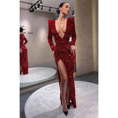 Plunging V-neck Long Sleeves Sequins Sparkly Pro Dress with Slit