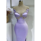 Vestido de noche para fiesta de graduación, sin tirantes, con escote en forma de trompeta y cuentas y abertura lateral 