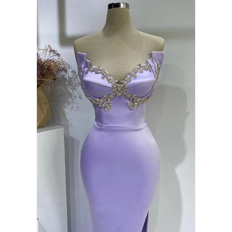 Vestido de noche para fiesta de graduación, sin tirantes, con escote en forma de trompeta y cuentas y abertura lateral 