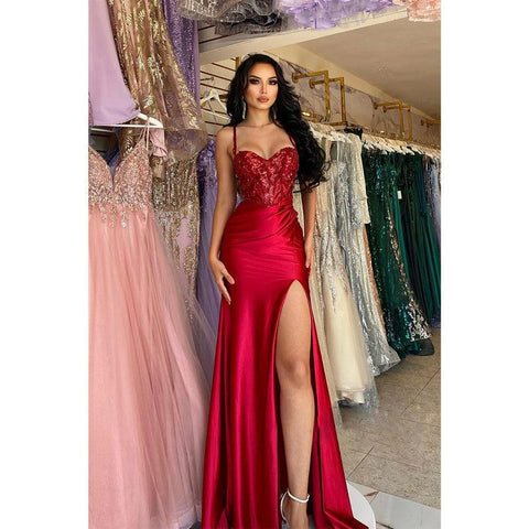 Spaghetti Straps Sweetheart Lace Appliques Red Mermaid Prom Party Dress with Slit