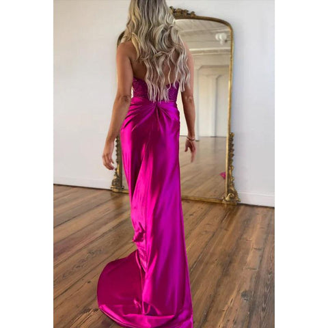Sheath/Column Halter Side Slit V-neck Sleeveless Ruched Party Prom Dress