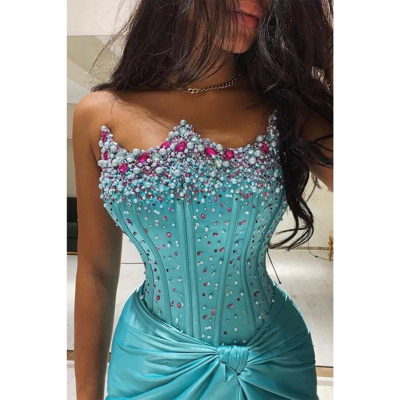 Etui-Linie/Säule, trägerlos, blau, mit Perlen besetzt, lang, formelles Abendkleid 