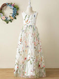 Wildflower floral embroidery overlay tulle A-line slim fit flare V-neck back bow floral girls dress
