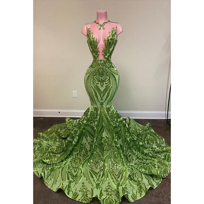 Vestido formal de noche de graduación con apliques de lentejuelas y encaje con escote en V y corte trompeta/sirena