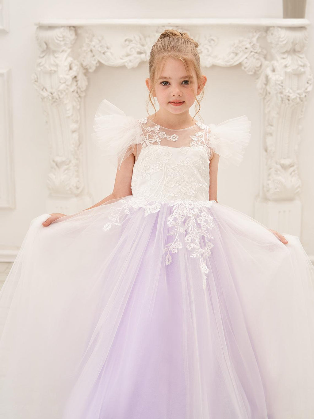 Vestido de niña de las flores con cola larga y tul con encaje desmontable 