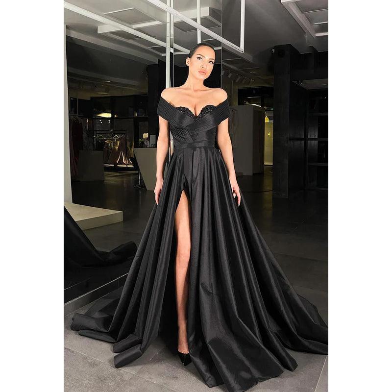 Vestido de fiesta largo de corte A con escote en forma de corazón, hombros descubiertos, lentejuelas y fruncido
