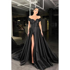 Vestido de fiesta largo de corte A con escote en forma de corazón, hombros descubiertos, lentejuelas y fruncido