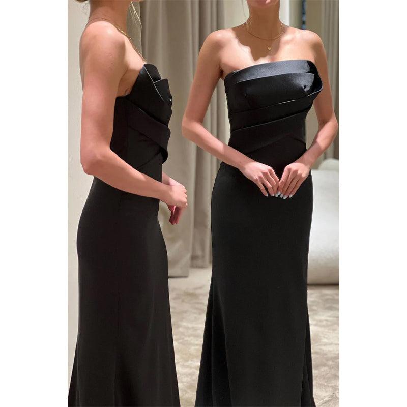 Etui-Linie/Säule Trägerloses Satin Falten Langes Abendkleid 