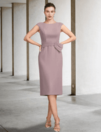 Vestido de dos piezas para madre de la novia, estilo columna/vestido estilo iglesia, talla grande, elegante, cuello joya, largo hasta la rodilla, de gasa, encaje, manga corta, chaqueta incluida, vestidos con faja/cinta, broche de cristal