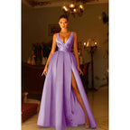 V-Neck Sleeveless Ruched Satin A-Line Long Prom Evening Dress With Slit