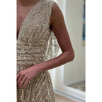 Vestido de noche largo de fiesta con escote en V, lentejuelas y cuentas fruncidas, corte A