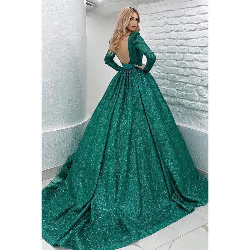 Unique Jewel Lange Ärmel Grünes Ballkleid Glitzer
