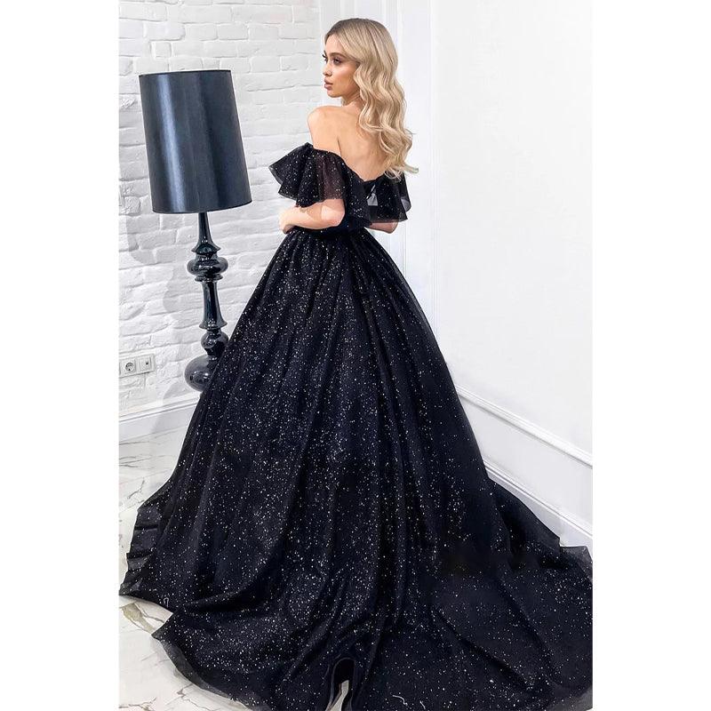Vestido de fiesta negro brillante con hombros descubiertos único 