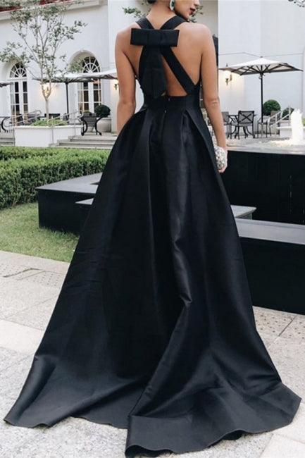 Vestido de fiesta negro con escote en V, sin mangas, corte A, con escote en A y lazo