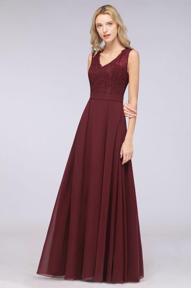 A-Line Chiffon Lace V-Neck Sleeveless Floor-Length Bridesmaid Dresses with Ruffles