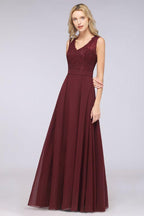 A-Line Chiffon Lace V-Neck Sleeveless Floor-Length Bridesmaid Dresses with Ruffles