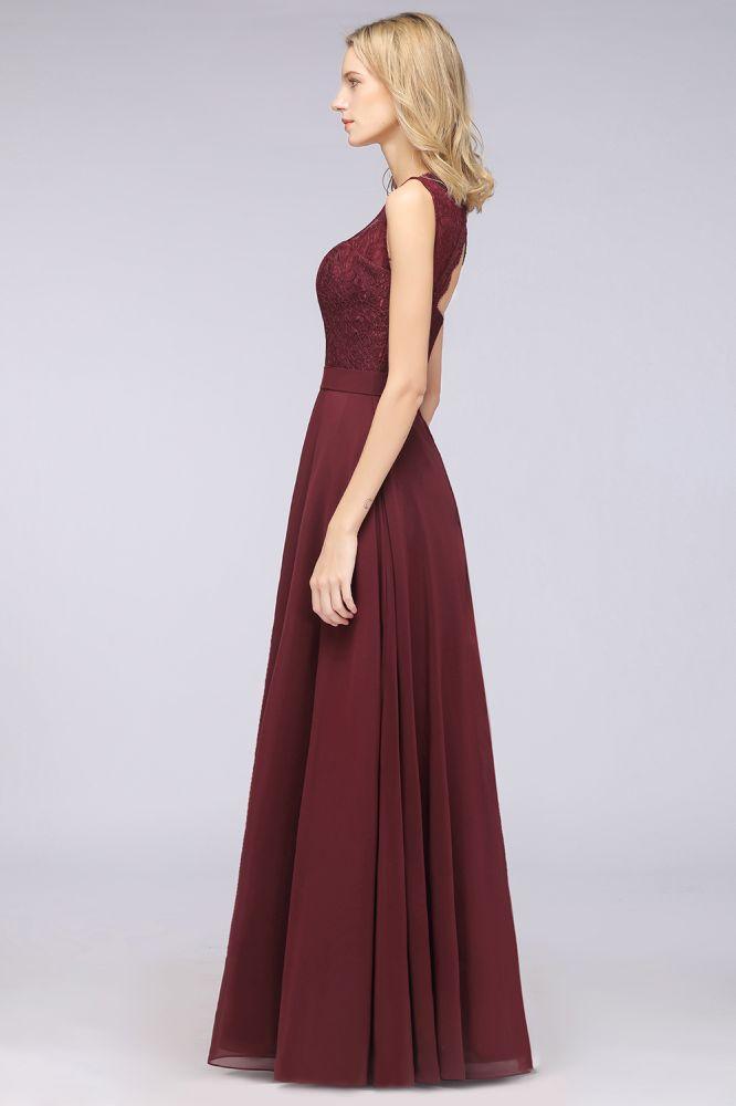 A-Line Chiffon Lace V-Neck Sleeveless Floor-Length Bridesmaid Dresses with Ruffles