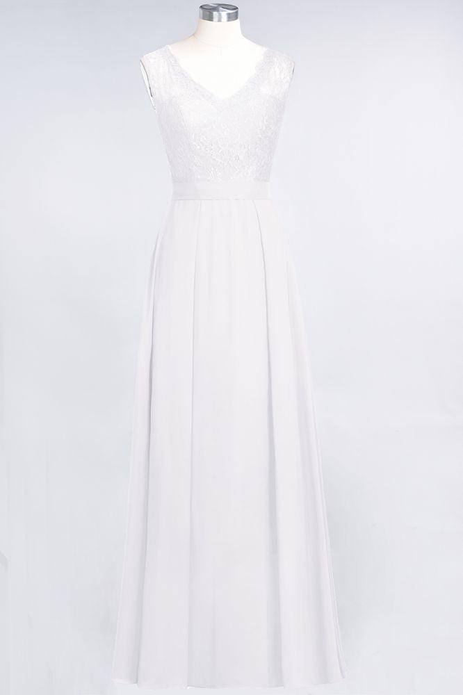 A-Line Chiffon Lace V-Neck Sleeveless Floor-Length Bridesmaid Dresses with Ruffles