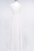 A-Line Chiffon Lace V-Neck Sleeveless Floor-Length Bridesmaid Dresses with Ruffles