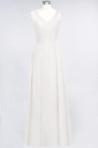 A-Line Chiffon Lace V-Neck Sleeveless Floor-Length Bridesmaid Dresses with Ruffles