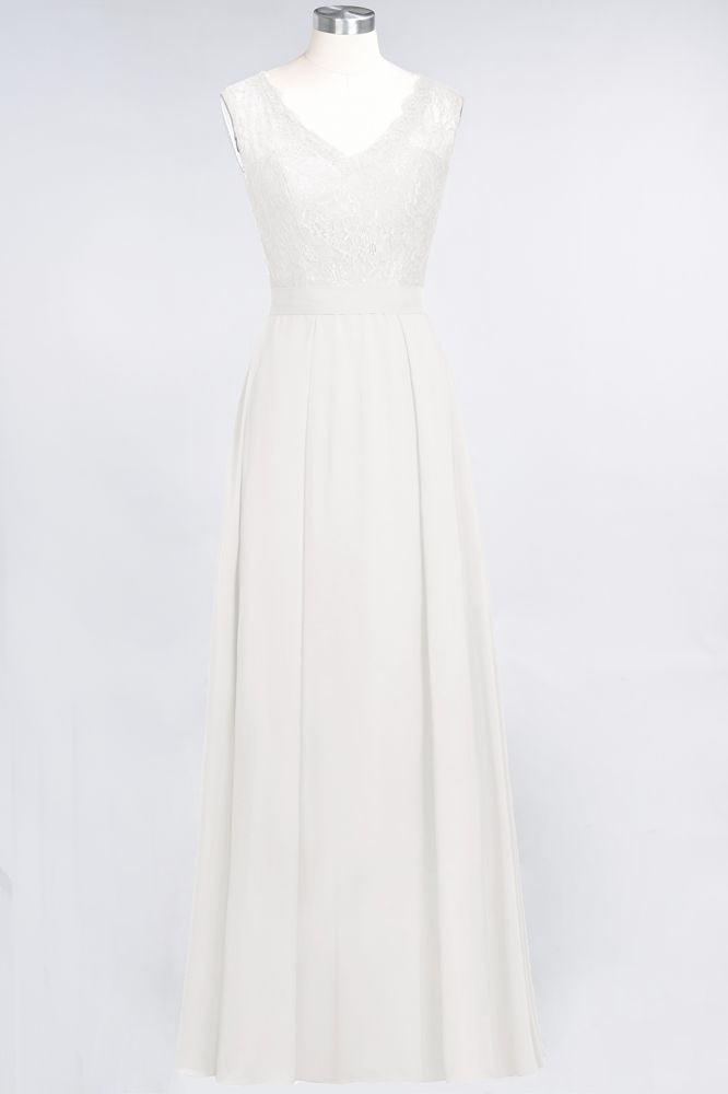A-Line Chiffon Lace V-Neck Sleeveless Floor-Length Bridesmaid Dresses with Ruffles