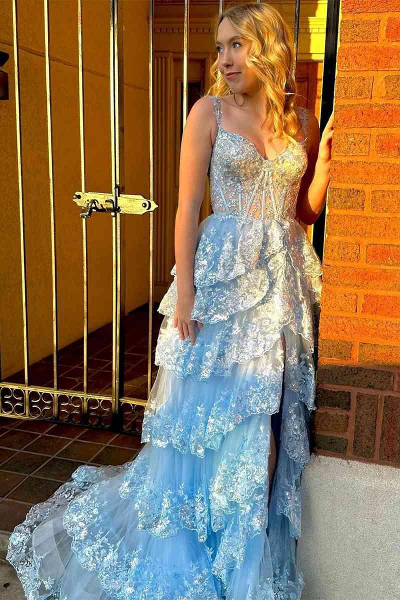 Vestido de fiesta de corte A con encaje, escote corazón, capas, largo con abertura