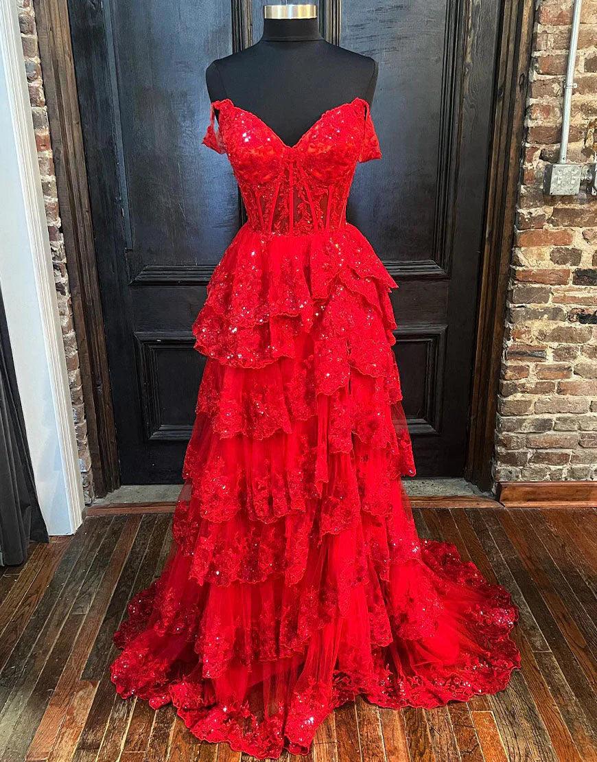 Vestido de fiesta de corte A con encaje, escote corazón, capas, largo con abertura