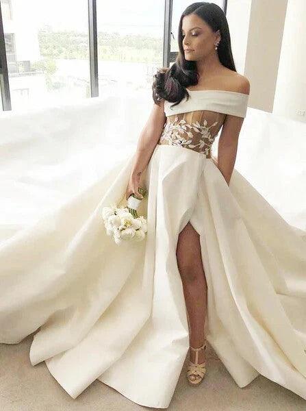 Vestidos de novia Línea A Hombros Descubiertos Satén Hasta la Cola con Apliques