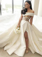 Vestidos de novia Línea A Hombros Descubiertos Satén Hasta la Cola con Apliques