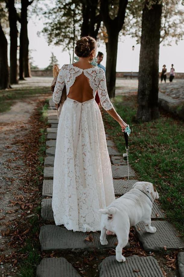 Vestidos de novia de corte A, escote redondo, estilo vintage, de alta calidad, mangas 3/4 y encaje.