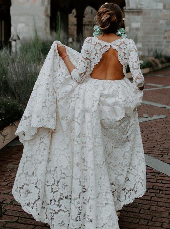 Vestidos de novia de corte A, escote redondo, estilo vintage, de alta calidad, mangas 3/4 y encaje.
