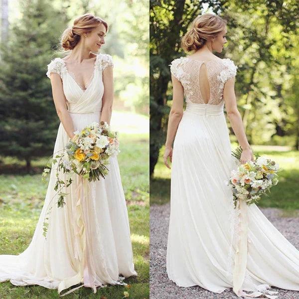 Vestidos de novia de corte A, escote en V, gasa con apliques de encaje, mangas casquillo, capilla