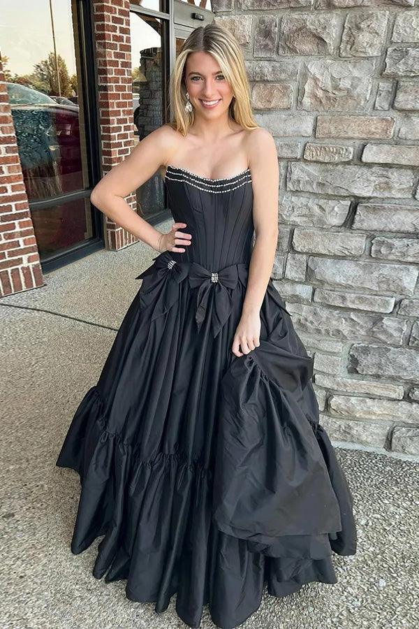 A-Line Beaded Strapless Corset Black Prom Dress with Bows