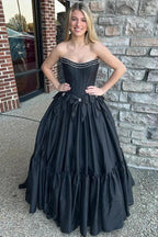 A-Line Beaded Strapless Corset Black Prom Dress with Bows