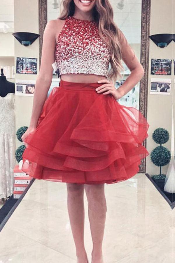 A-line Beaded Top Burgundy Organza Two Piece Homecoming Dresses