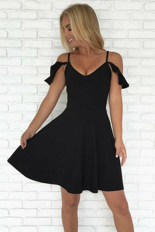 A-Line Cold Shoulder Short Black Homecoming Dresses Prom Dresses