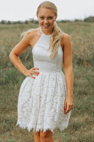 A-Linie Elfenbein Spitze Neckholder rückenfreies kurzes Homecoming-Kleid