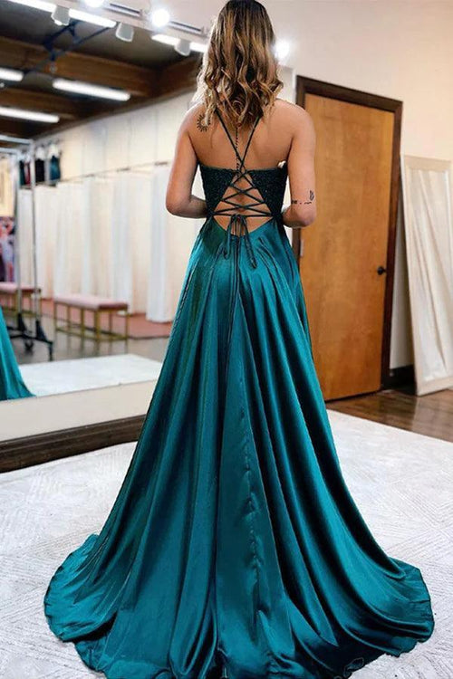 Vestido de noche largo de satén verde oscuro con corte A y abertura