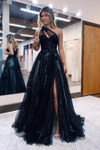 Schwarzes, langes A-Linien-Abendkleid mit One-Shoulder-Ausschnitt und 3D-Applikationen