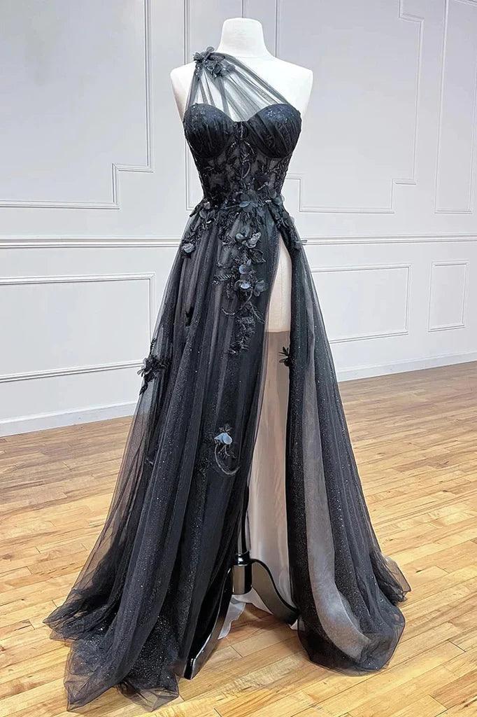 Schwarzes, langes A-Linien-Abendkleid mit One-Shoulder-Ausschnitt und 3D-Applikationen