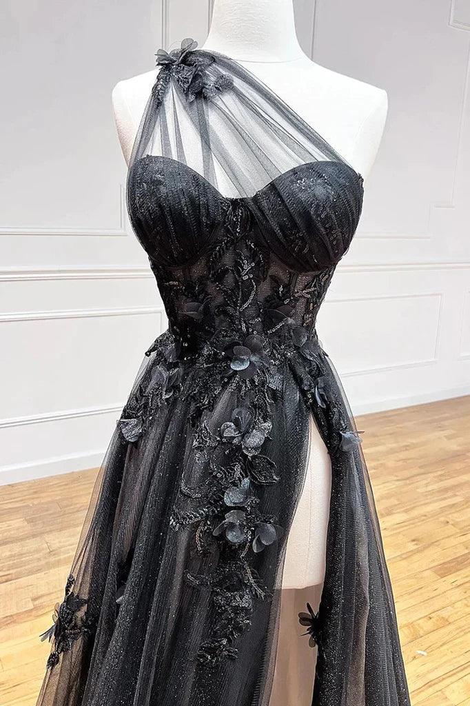 Schwarzes, langes A-Linien-Abendkleid mit One-Shoulder-Ausschnitt und 3D-Applikationen