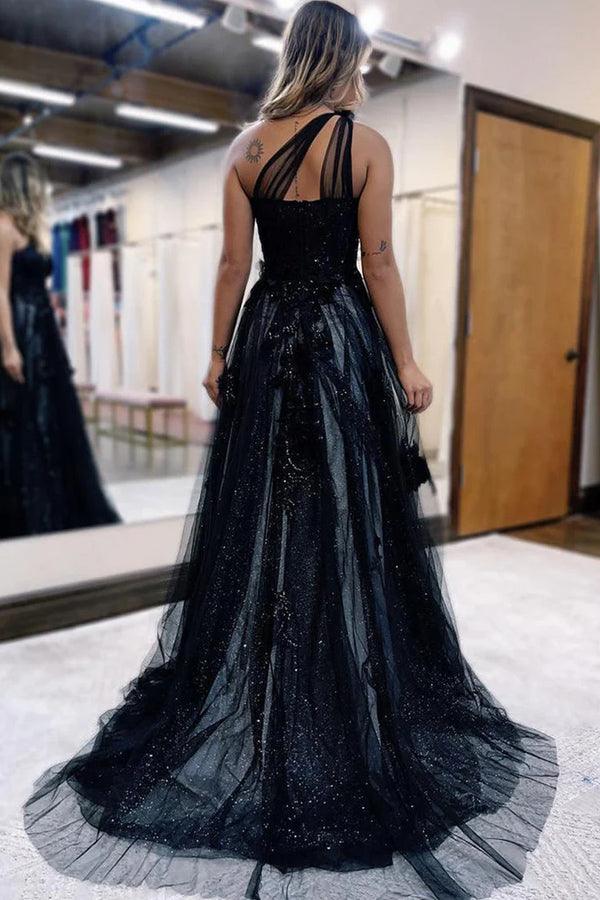 Schwarzes, langes A-Linien-Abendkleid mit One-Shoulder-Ausschnitt und 3D-Applikationen