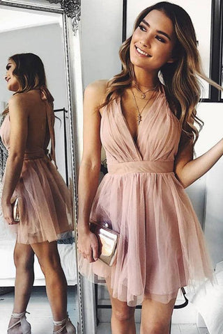 A-Line Pink Tulle Deep V-neck Backless Pleats Mini Homecoming Dress